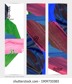 Abstract vector vertical banner with colorful bright acrylic textured shapes. Artistic wide sky design template. Hand drawn collage art digital paint. Universal layout with brush stroke splashes.