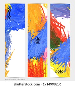 Abstract vector vertical banner. Colorful brush stoke of digital watercolor paint. Dimensional layered feather rainbow colored texture. Creative artistic advertising template. Bright rough scribble.