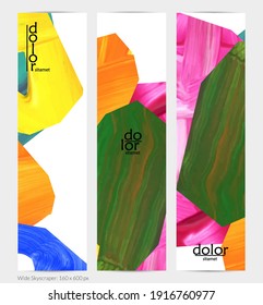 Abstract vector vertical banner with colorful bright acrylic textured shapes. Artistic wide sky design template. Hand drawn collage art digital paint. Universal layout with brush stroke splashes.