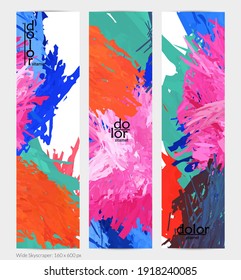 Abstract vector vertical banner. Colorful brush stoke of digital watercolor paint. Dimensional layered feather rainbow colored texture. Creative artistic advertising template. Bright rough scribble.