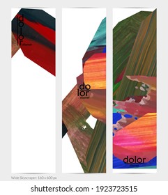 Abstract vector vertical banner with colorful bright acrylic textured shapes. Artistic wide sky design template. Hand drawn collage art digital paint. Universal layout with brush stroke splashes.
