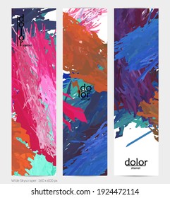 Abstract vector vertical banner. Colorful brush stoke of digital watercolor paint. Dimensional layered feather rainbow colored texture. Creative artistic advertising template. Bright rough scribble.