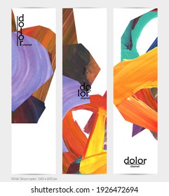 Abstract vector vertical banner with colorful bright acrylic textured shapes. Artistic wide sky design template. Hand drawn collage art digital paint. Universal layout with brush stroke splashes.
