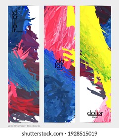 Abstract vector vertical banner. Colorful brush stoke of digital watercolor paint. Dimensional layered feather rainbow colored texture. Creative artistic advertising template. Bright rough scribble.