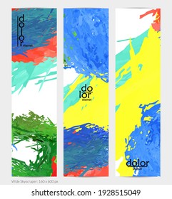 Abstract vector vertical banner. Colorful brush stoke of digital watercolor paint. Dimensional layered feather rainbow colored texture. Creative artistic advertising template. Bright rough scribble.