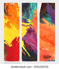 Abstract vector vertical banner. Colorful brush stoke of digital watercolor paint. Dimensional layered feather rainbow colored texture. Creative artistic advertising template. Bright rough scribble.