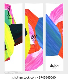 Abstract vector vertical banner with colorful bright acrylic textured shapes. Artistic wide sky design template. Hand drawn collage art digital paint. Universal layout with brush stroke splashes.
