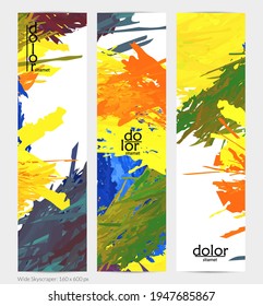 Abstract vector vertical banner. Colorful brush stoke of digital watercolor paint. Dimensional layered feather rainbow colored texture. Creative artistic advertising template. Bright rough scribble.
