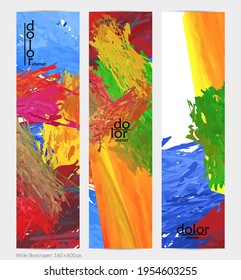 Abstract vector vertical banner. Colorful brush stoke of digital watercolor paint. Dimensional layered feather rainbow colored texture. Creative artistic advertising template. Bright rough scribble.