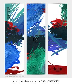 Abstract vector vertical banner. Colorful brush stoke of digital watercolor paint. Dimensional layered feather rainbow colored texture. Creative artistic advertising template. Bright rough scribble.