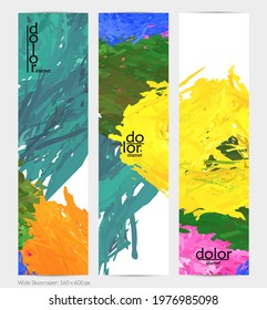 Abstract vector vertical banner. Colorful brush stoke of digital watercolor paint. Dimensional layered feather rainbow colored texture. Creative artistic advertising template. Bright rough scribble.