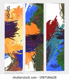 Abstract vector vertical banner. Colorful brush stoke of digital watercolor paint. Dimensional layered feather rainbow colored texture. Creative artistic advertising template. Bright rough scribble.