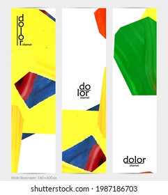 Abstract vector vertical banner with colorful bright acrylic textured shapes. Artistic wide sky design template. Hand drawn collage art digital paint. Universal layout with brush stroke splashes.
