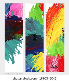 Abstract vector vertical banner. Colorful brush stoke of digital watercolor paint. Dimensional layered feather rainbow colored texture. Creative artistic advertising template. Bright rough scribble.