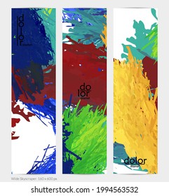 Abstract vector vertical banner. Colorful brush stoke of digital watercolor paint. Dimensional layered feather rainbow colored texture. Creative artistic advertising template. Bright rough scribble.