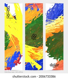 Abstract vector vertical banner. Colorful brush stoke of digital watercolor paint. Dimensional layered feather rainbow colored texture. Creative artistic advertising template. Bright rough scribble.