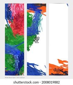 Abstract vector vertical banner. Colorful brush stoke of digital watercolor paint. Dimensional layered feather rainbow colored texture. Creative artistic advertising template. Bright rough scribble.