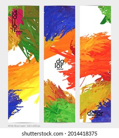 Pancarta vertical vector abstracta. Colorido pincel de pintura digital acuarela. Textura de color arcoiris de plumas en capas dimensionales. Plantilla de publicidad artística creativa. Brillante garabato áspero.