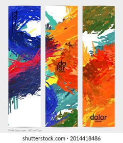 Abstract vector vertical banner. Colorful brush stoke of digital watercolor paint. Dimensional layered feather rainbow colored texture. Creative artistic advertising template. Bright rough scribble.