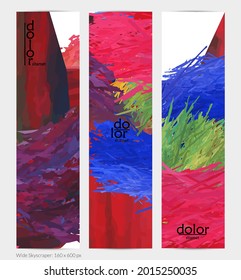 Abstract vector vertical banner. Colorful brush stoke of digital watercolor paint. Dimensional layered feather rainbow colored texture. Creative artistic advertising template. Bright rough scribble.