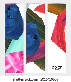 Pancarta vertical vectorial abstracta con formas coloreadas acrílicas brillantes. Plantilla de diseño de cielo amplio artístico. Pintura digital de arte de collage dibujada a mano. Diseño universal con salpicaduras de pincel.