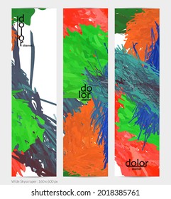Abstract vector vertical banner. Colorful brush stoke of digital watercolor paint. Dimensional layered feather rainbow colored texture. Creative artistic advertising template. Bright rough scribble.