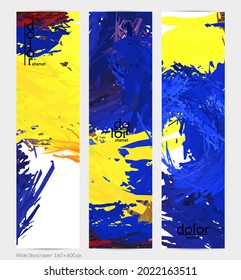 Abstract vector vertical banner. Colorful brush stoke of digital watercolor paint. Dimensional layered feather rainbow colored texture. Creative artistic advertising template. Bright rough scribble.
