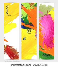 Abstract vector vertical banner. Colorful brush stoke of digital watercolor paint. Dimensional layered feather rainbow colored texture. Creative artistic advertising template. Bright rough scribble.