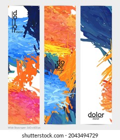 Abstract vector vertical banner. Colorful brush stoke of digital watercolor paint. Dimensional layered feather rainbow colored texture. Creative artistic advertising template. Bright rough scribble.
