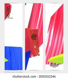 Pancarta vertical vectorial abstracta con formas coloreadas acrílicas brillantes. Plantilla de diseño de cielo amplio artístico. Pintura digital de arte de collage dibujada a mano. Diseño universal con salpicaduras de pincel.