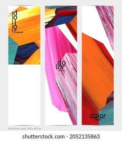 Abstract vector vertical banner with colorful bright acrylic textured shapes. Artistic wide sky design template. Hand drawn collage art digital paint. Universal layout with brush stroke splashes.