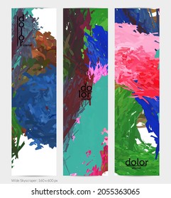 Abstract vector vertical banner. Colorful brush stoke of digital watercolor paint. Dimensional layered feather rainbow colored texture. Creative artistic advertising template. Bright rough scribble.