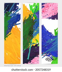 Abstract vector vertical banner. Colorful brush stoke of digital watercolor paint. Dimensional layered feather rainbow colored texture. Creative artistic advertising template. Bright rough scribble.