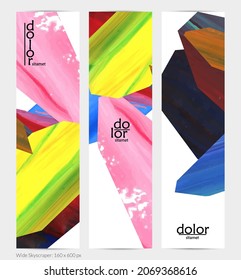 Abstract vector vertical banner with colorful bright acrylic textured shapes. Artistic wide sky design template. Hand drawn collage art digital paint. Universal layout with brush stroke splashes.