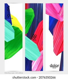 Abstract vector vertical banner with colorful bright acrylic textured shapes. Artistic wide sky design template. Hand drawn collage art digital paint. Universal layout with brush stroke splashes.