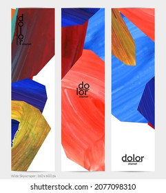 Pancarta vertical vectorial abstracta con formas coloreadas acrílicas brillantes. Plantilla de diseño de cielo amplio artístico. Pintura digital de arte de collage dibujada a mano. Diseño universal con salpicaduras de pincel.