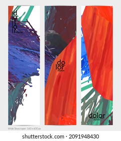 Abstract vector vertical banner. Colorful brush stoke of digital watercolor paint. Dimensional layered feather rainbow colored texture. Creative artistic advertising template. Bright rough scribble.