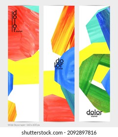 Pancarta vertical vectorial abstracta con formas coloreadas acrílicas brillantes. Plantilla de diseño de cielo amplio artístico. Pintura digital de arte de collage dibujada a mano. Diseño universal con salpicaduras de pincel.