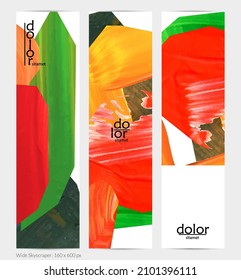 Abstract vector vertical banner with colorful bright acrylic textured shapes. Artistic wide sky design template. Hand drawn collage art digital paint. Universal layout with brush stroke splashes.