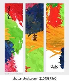 Abstract vector vertical banner. Colorful brush stoke of digital watercolor paint. Dimensional layered feather rainbow colored texture. Creative artistic advertising template. Bright rough scribble.