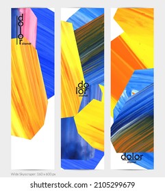Abstract vector vertical banner with colorful bright acrylic textured shapes. Artistic wide sky design template. Hand drawn collage art digital paint. Universal layout with brush stroke splashes.