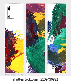 Abstract vector vertical banner. Colorful brush stoke of digital watercolor paint. Dimensional layered feather rainbow colored texture. Creative artistic advertising template. Bright rough scribble.