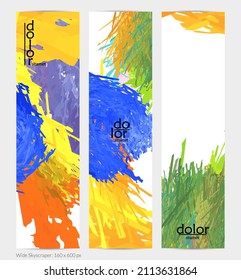 Pancarta vertical vector abstracta. Colorido pincel de pintura digital acuarela. Textura de color arcoiris de plumas en capas dimensionales. Plantilla de publicidad artística creativa. Brillante garabato áspero.