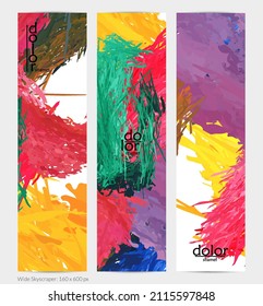 Abstract vector vertical banner. Colorful brush stoke of digital watercolor paint. Dimensional layered feather rainbow colored texture. Creative artistic advertising template. Bright rough scribble.