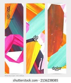 Abstract vector vertical banner with colorful bright acrylic textured shapes. Artistic wide sky design template. Hand drawn collage art digital paint. Universal layout with brush stroke splashes.
