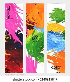 Abstrakter, vertikaler Vektorbanner. Farbiger Pinselstrich mit digitaler Aquarellfarbe. Maßgeschneiderte Federregenbogen-farbige Textur. Kreative künstlerische Werbevorlage. Helles, raues Schreien.