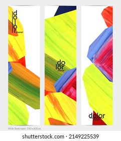 Abstract vector vertical banner with colorful bright acrylic textured shapes. Artistic wide sky design template. Hand drawn collage art digital paint. Universal layout with brush stroke splashes.