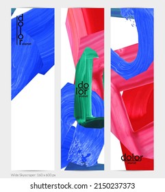 Abstract vector vertical banner with colorful bright acrylic textured shapes. Artistic wide sky design template. Hand drawn collage art digital paint. Universal layout with brush stroke splashes.