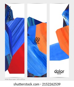Abstract vector vertical banner with colorful bright acrylic textured shapes. Artistic wide sky design template. Hand drawn collage art digital paint. Universal layout with brush stroke splashes.