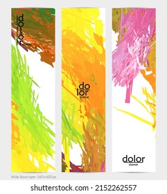 Abstract vector vertical banner. Colorful brush stoke of digital watercolor paint. Dimensional layered feather rainbow colored texture. Creative artistic advertising template. Bright rough scribble.